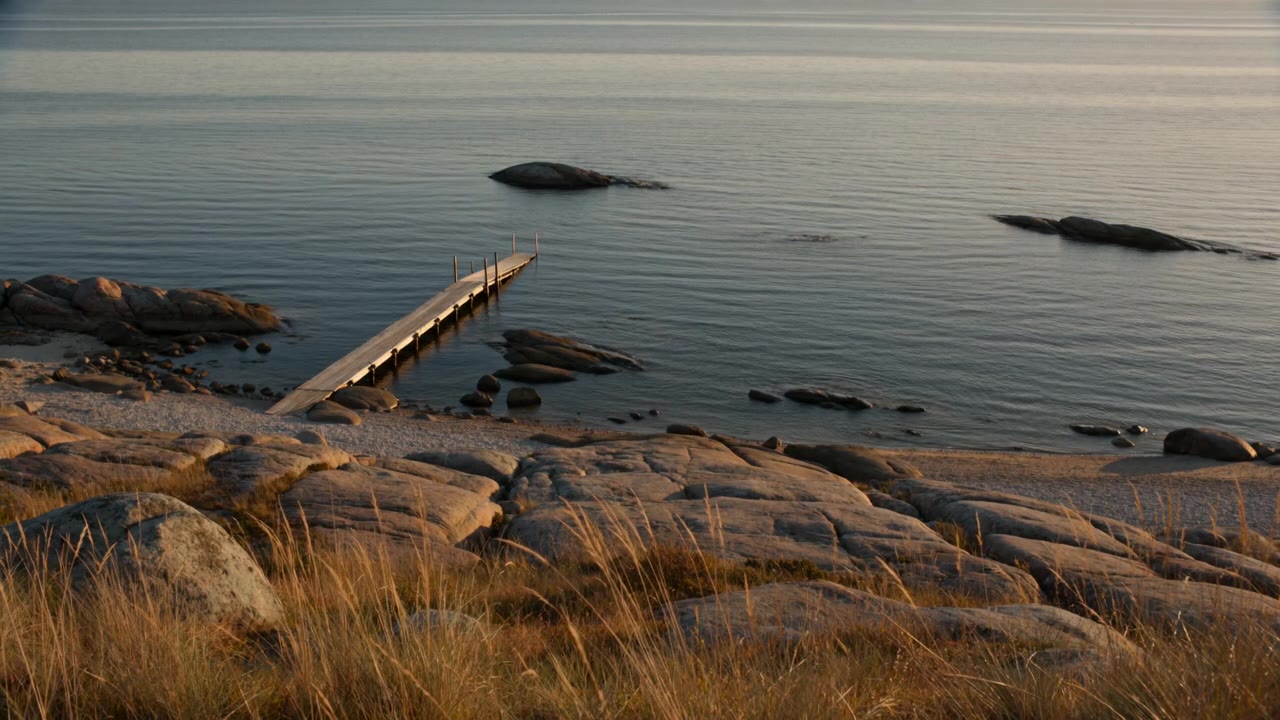 Kusten med bryggan i gyllene timmen